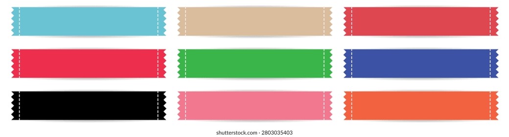 Editable collection of colorful sewn fabric ribbon labels featuring stitched edges and blank space for custom text.