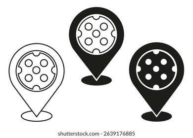Editable collection of geolocation icon and pickleball ball combination in center in black and white colors. Set of navigation markers for pickleball theme design.
