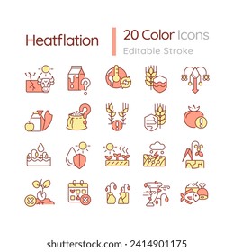 Editable color icons set representing heatflation, isolated vector, global warming impact thin line illustration.