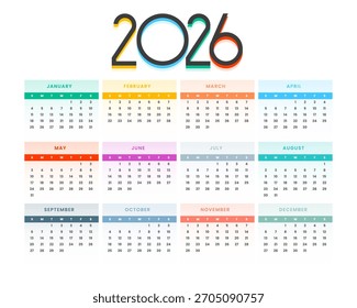 editable colorful 2026 monthly calendar template design vector