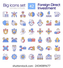 Editable colorful big icons set representing foreign direct investment, isolated vector, thin line illustration.