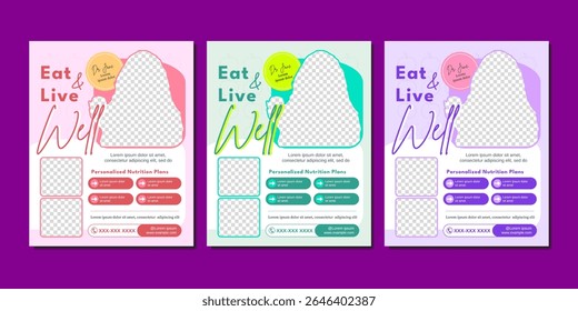 Modelos de post editáveis e coloridos nas mídias sociais promovendo programas personalizados de nutrição e bem-estar. Ideal para técnicos de saúde e nutricionistas.