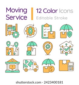 Editable colorful thin line icons set representing moving service, isolated vector, linear illustration.