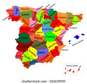 Editable colorful vector map of Spain. Vector map of Spain isolated on background. High detailed. Autonomous communities of Spain. Administrative divisions of Spain, separated provinces with color. 
