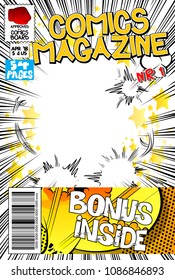 Editable comic book cover with abstract explosion background.