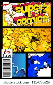 Editable comic book cover with abstract background.