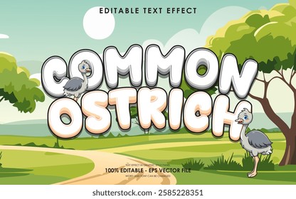 Editable common ostrich text effect, with savanna background, and common ostrich illustration