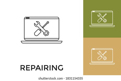 Editable Computer Repairing Thin Line Icon with Title. Useful For Mobile Application, Website, Software and Print Media.