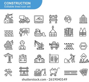 Editable Construction Icon Set. Building Tools, Architecture Equipment, Engineering Elements, Crane, Blueprint, Worker Safety, Industrial Machinery, Repair Tools, Under Construction and More