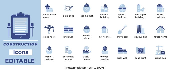 Editable construction icon set featuring clean, professional vector art for architecture, tools, and industrial use.