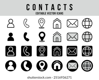 Editable Contacts Vector Icons Set - Phone, Email, Location, and Address Symbols for UI, Web Design, and Communication Graphics