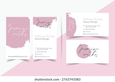 editable content of modern layout design business card for company and corporate portait and landscape orientation. clean brush pink soft color double side, website phone mail. background color. clear. use for communication, promotion, marketing