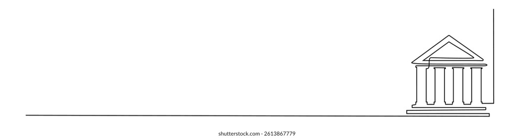 Editable continuous line art vector of a classic building with pillars and roof. Minimalist outline style, perfect for legal, finance, or education design themes and illustrations.