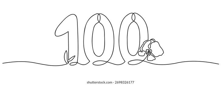 Desenho de linha contínua editável do número 100 com flor de orquídea e folha. Perfeito para celebrações do centenário, cartões de 100º aniversário, design comemorativo ou gráficos imprimíveis.