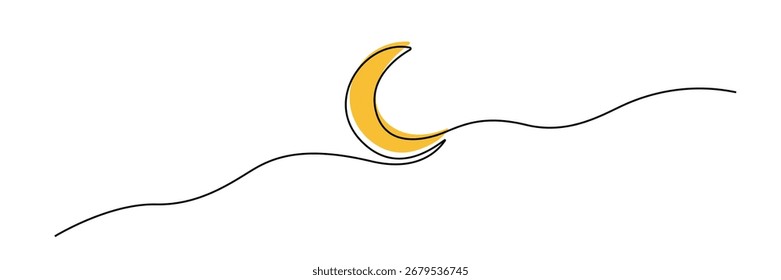 Ilustração editável da lua em linha contínua com um acento crescente amarelo, simbolizando o calendário lunar islâmico. Perfeito para celebrar o Eid e o Ramadã