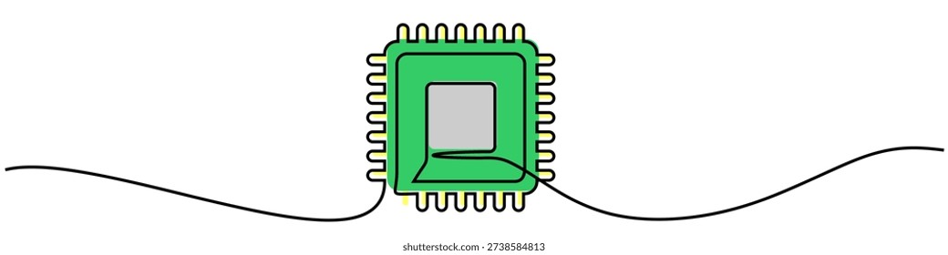 Editable continuous one line drawing microprocessor vector for tech themes. Ideal for modern computing graphics, minimalist hardware designs. Symbolizes innovation, ai, and processing power.