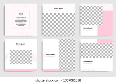 Editable continuous set square abstract marble texture banner template for social media post and cover. Minimalist design background in soft pink color. Vector illustration