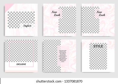 Editable continuous set square abstract marble texture banner template for social media post and cover. Minimalist design background in soft pink color. Vector illustration
