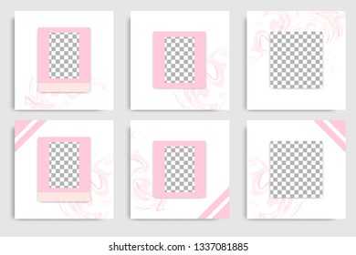 Editable continuous set square abstract marble texture banner template for social media post and cover. Minimalist design background in soft pink color. Vector illustration
