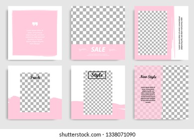 Editable continuous set square abstract brush banner template for social media post and cover. Minimalist design background in soft pink color. Vector illustration