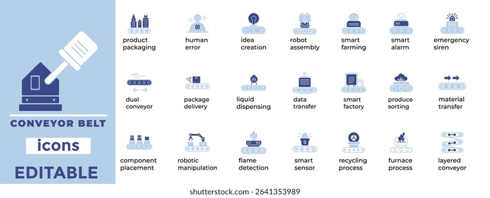 Editable conveyor belt vector icons for manufacturing, automation, and logistics—clean, modern, and industry-ready visuals.