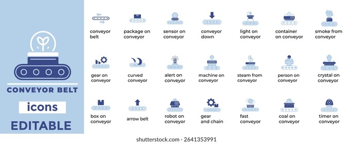 Editable conveyor belt vector icons for manufacturing, automation, and logistics—clean, modern, and industry-ready visuals.