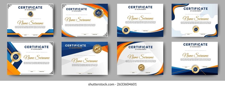 Certificado corporativo editable. Certificado de apreciación con Formas azules y naranjas. Conjunto de Plantilla de certificado. Vector