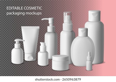 Editable Cosmetic Mockup Set with Realistic Bottles, Jars and Tubes for Beauty Branding Presentation. Diversity in Beauty and Skincare