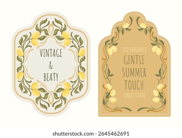 Editable Cosmetic Tags with Mediterranean Design. Art Nouveau Inspired Labels with lemons. Vector.