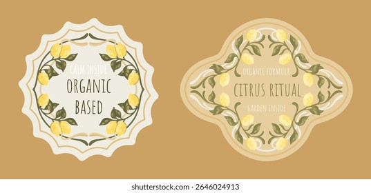 Etiquetas cosméticas editáveis com design mediterrâneo. Art Nouveau Rótulos inspirados com limões. Vetor.