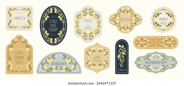 Etiquetas cosméticas editáveis com design mediterrâneo. Art Nouveau Rótulos inspirados com limões. Vetor.