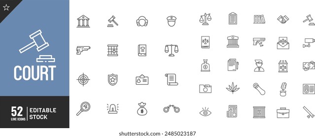 Editable court line icon Set. Vector illustration. Lawyer, judge, justice, and more	
