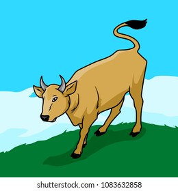 Editable cow vector with background on the sky and grass
