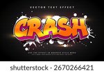Editable crash graffiti text effect, vibrant colors, brick wall background. Perfect for design projects.