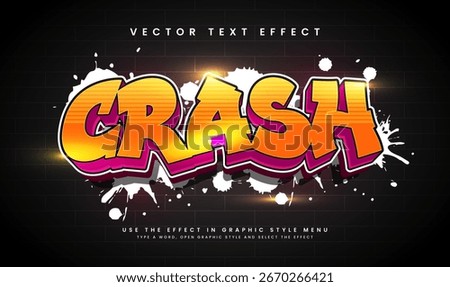 Editable crash graffiti text effect, vibrant colors, brick wall background. Perfect for design projects.
