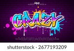Editable Crazy Graffiti Text Effect Design with Customizable Colorful Grunge Hand Drawn Street Art Font on Brick Wall Background. Vector Illustrator Graphic Style Premium Typography Lettering Illustra