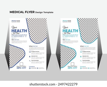 Una Plantilla creativa editable para un diseño de folleto de volante de atención médica. Profesional y elegante folleto de Vector 
Carteles publicitarios para hospitales, médicos, enfermeras, dentistas y farmacias