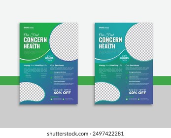 Una Plantilla creativa editable para un diseño de folleto de volante de atención médica. Profesional y elegante folleto de Vector 
carteles publicitarios para hospitales, médicos, enfermeras, dentistas y farmacias.