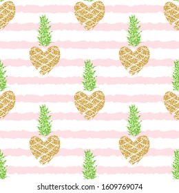 Editable and cropped seamless pattern with golden glitter pineapples on pink striped background for summer, St. Valentine's Day romantic design. Vector illustration.