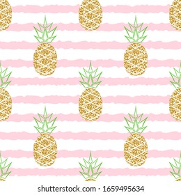 Editable and cropped seamless pattern with golden glitter hand drawn pineapples on pink striped background for summer, healthy concepts. Luxury design template. Vector illustration.