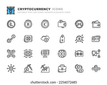 Editable Cryptocurrency icons set. Thin line outline icons such as cryptocurrency, purse, crypto, wallet, mining, portfolio, exchange, blockchain, conversion, asic, cloud mining, price tag, ico