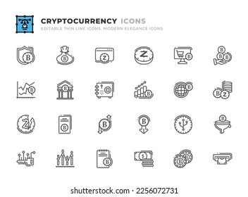 Editable Cryptocurrency icons set. Thin line outline icons such as bank, safebox, diagram, globe grid, coins, website, token, ecommerce, rich, halving, bill, risk, decrease, expansion, funnel, ledger