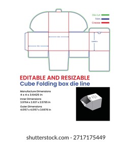 Editable cube folding box die line template with dimensions and a 3D render of the assembled box. Cube folding toy gift box dieline for creative packaging, customizable retail and gift packaging design supported by a clean and production-ready die line