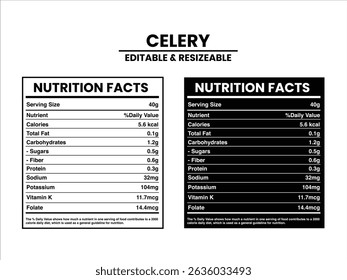 Rótulo de informações nutricionais editáveis e personalizáveis do aipo, fatos nutricionais, fatos nutricionais rótulo suplementar fatos, vetor de rótulo nutricional
