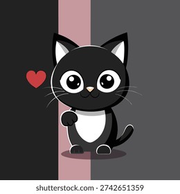 Editable Cute Black Kitten with Big Eyes and Red Heart Cartoon Vector Illustration Design For Use.