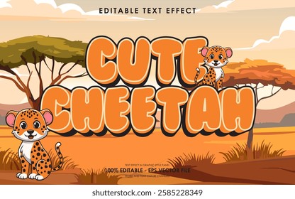 Editable cute cheetah text effect, with savanna background, and cute cheetah illustration