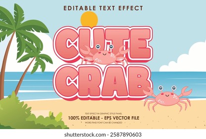 editable cute crab sea animal text effect, with beach background and cute crab illustrations