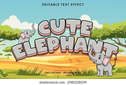 Editable cute elephant text effect, with savanna background, and cute elephant illustration