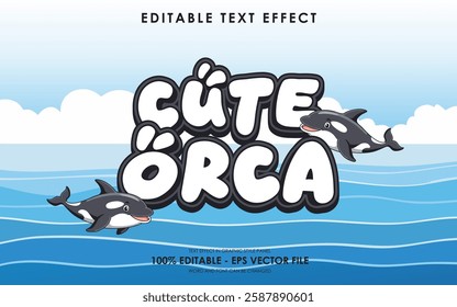 editable cute orca sea animal text effect, with ocean background and cute orca illustrations