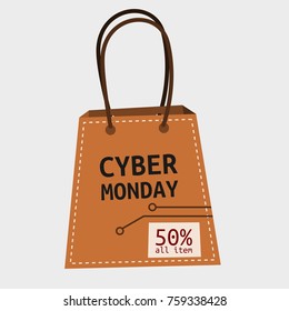 Editable Cyber Monday Shopping Bag Vector Illustration in Flat Retro Style with Stitch and Circuit Lines as Additional Element for Shop Advertising Purposes
